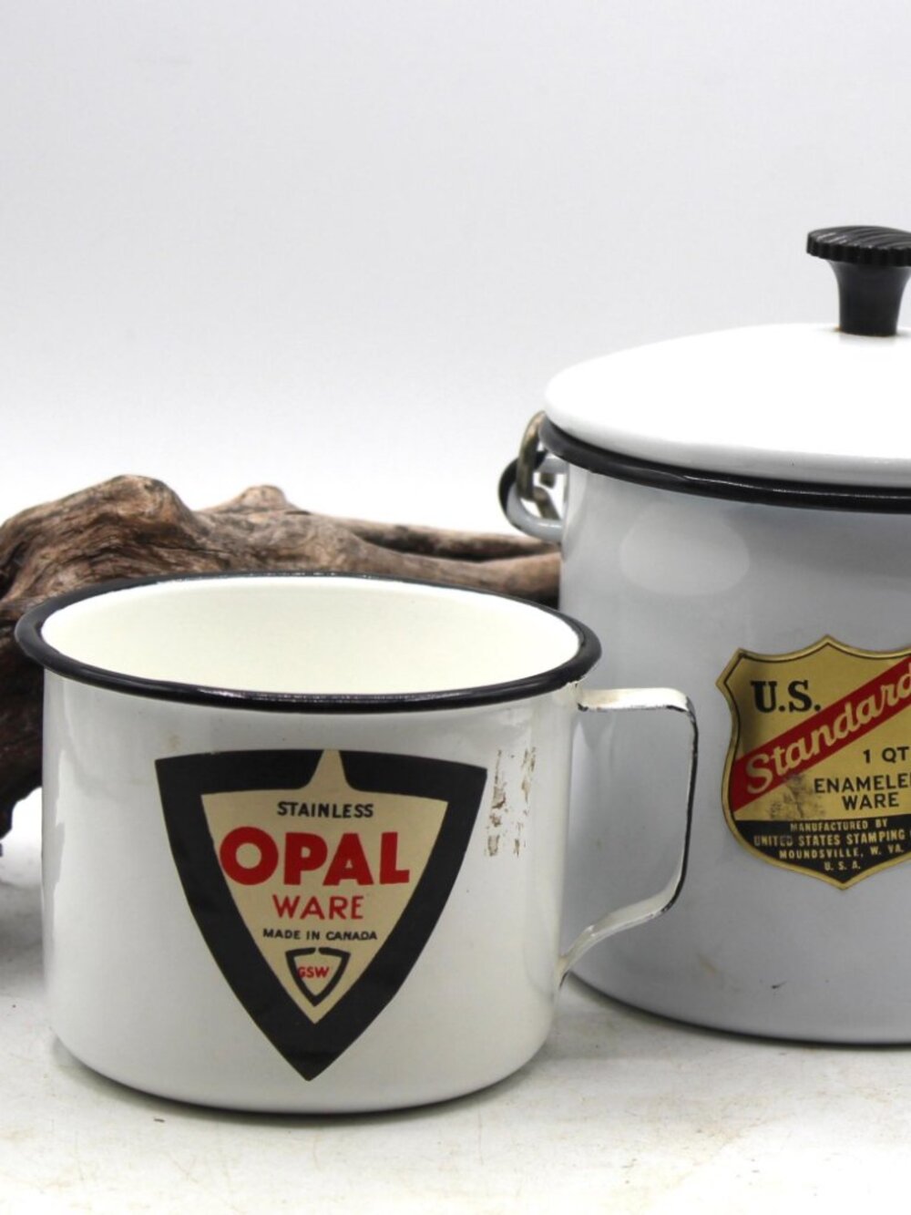 2 Enameled ware Pieces - Lidded Pail and Cup both with Original Labels GSW